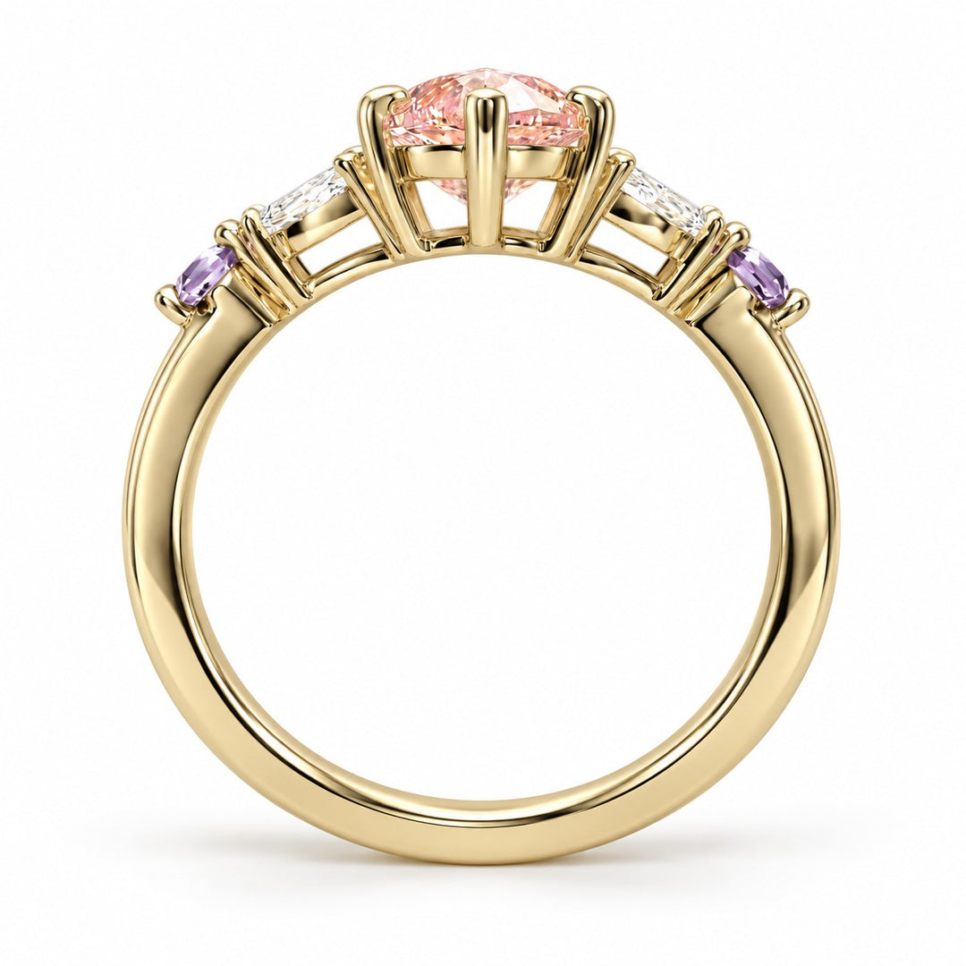 The Rapunzel with a pink lab-grown marquise diamond and amethyst accents in 14K yellow gold, back view