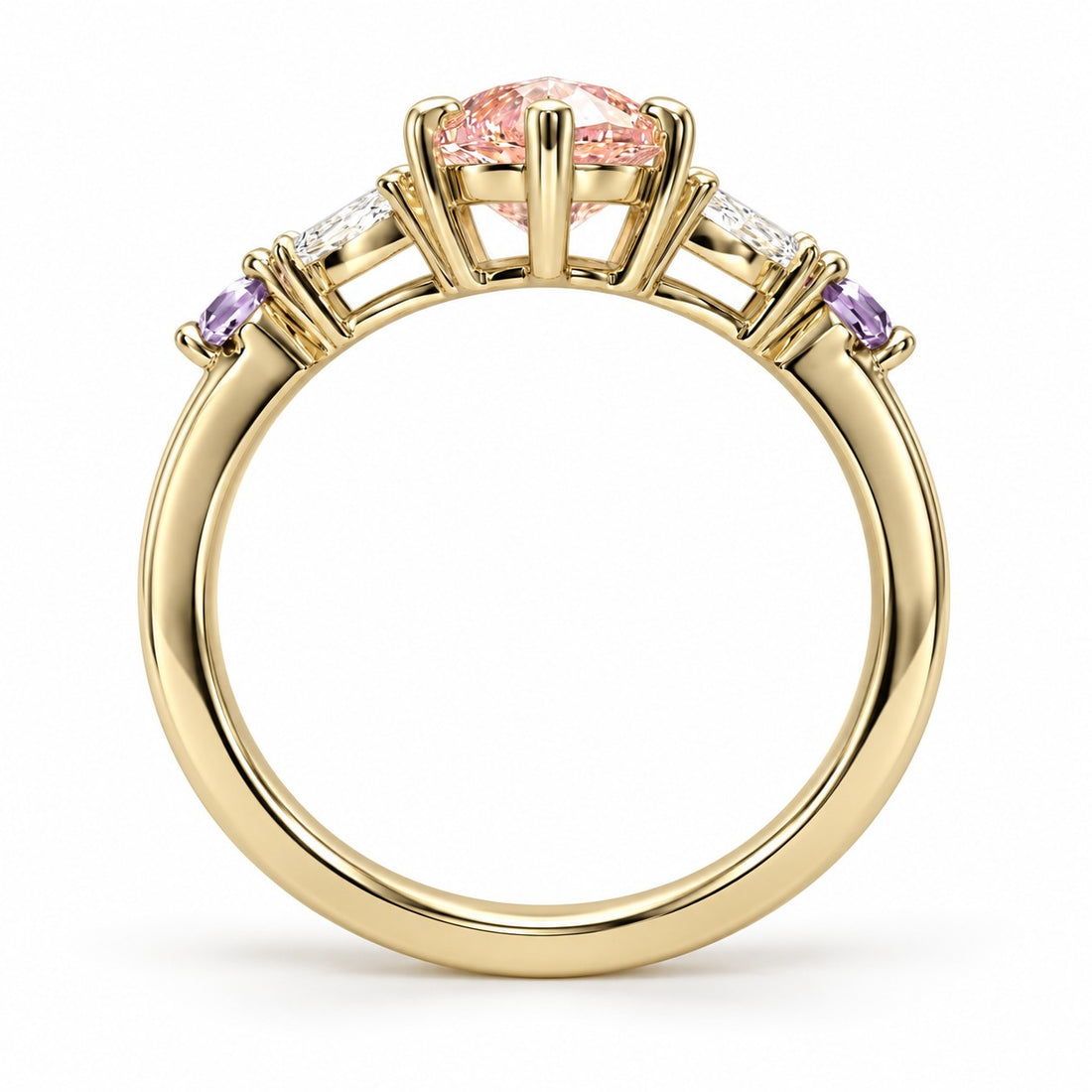 The Rapunzel with a pink lab-grown marquise diamond and amethyst accents in 14K yellow gold, back view