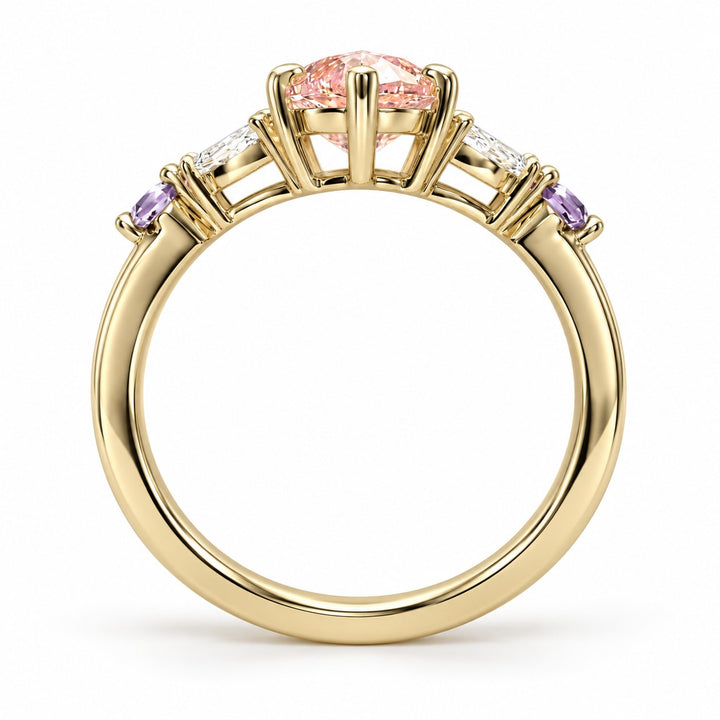 The Rapunzel with a pink lab-grown marquise diamond and amethyst accents in 14K yellow gold, back view