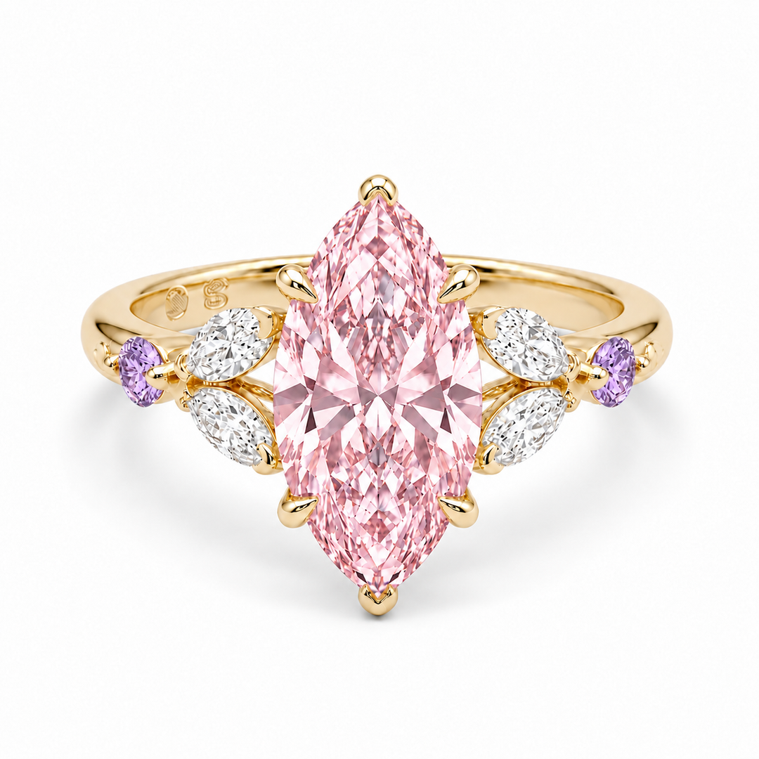 The Rapunzel with a pink lab-grown marquise diamond and amethyst accents in 14K yellow gold