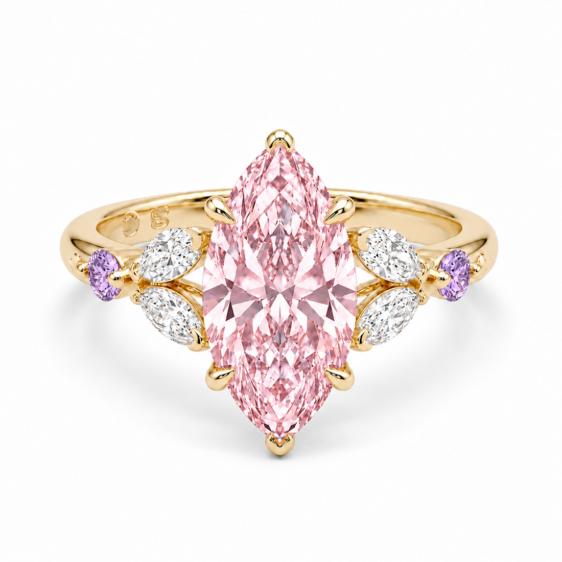 The Rapunzel with a pink lab-grown marquise diamond and amethyst accents in 14K yellow gold