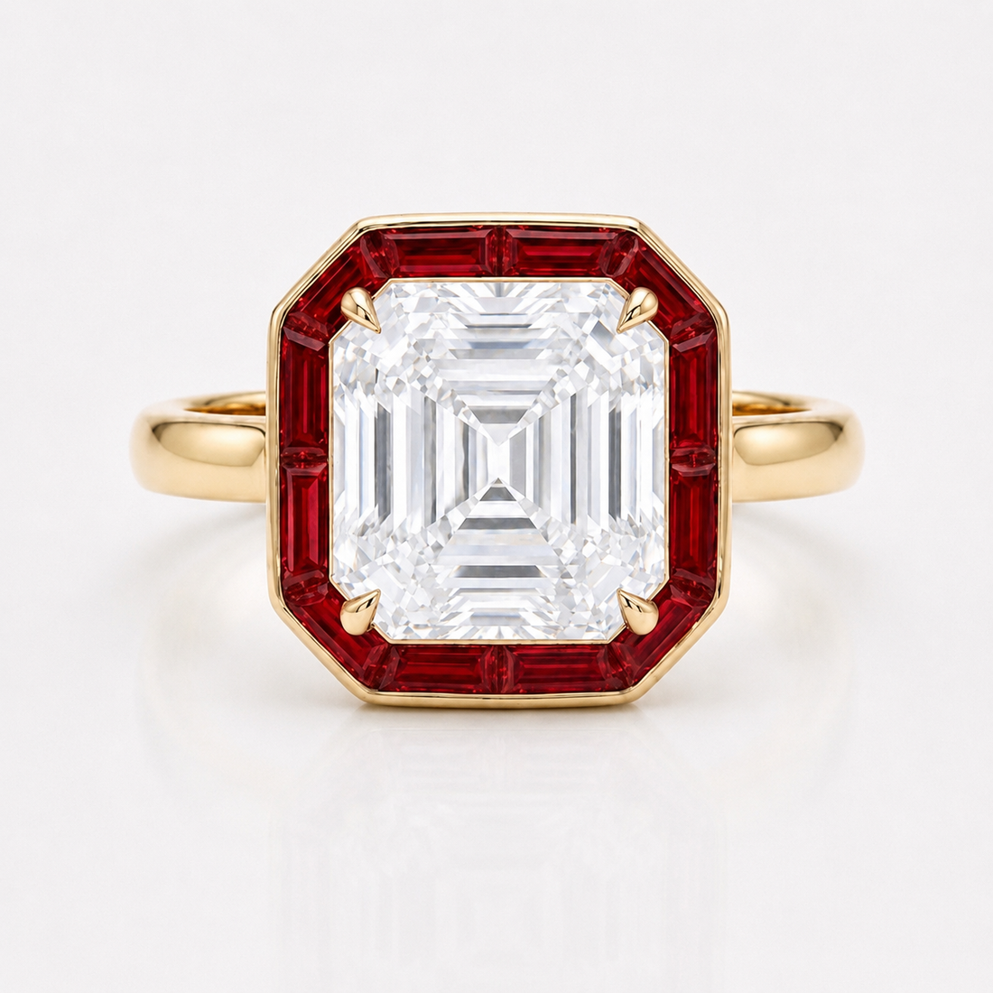 The Regent Asscher lab diamond ring with ruby halo in 14K yellow gold