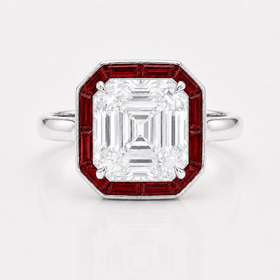 The Regent Asscher lab diamond ring with ruby halo in 14K white gold