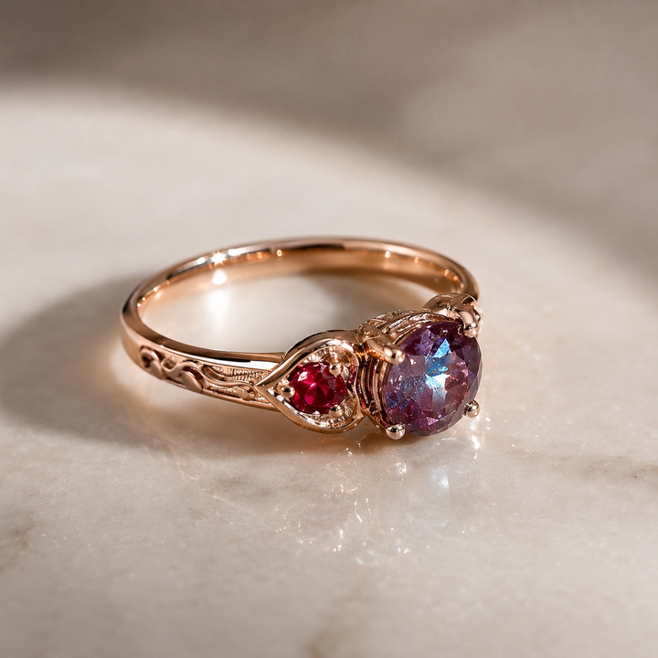 The Roselle — Alexandrite & Ruby Three-Stone Ring