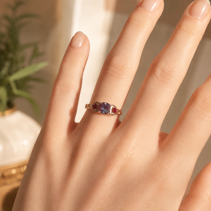 The Roselle — Alexandrite & Ruby Three-Stone Ring