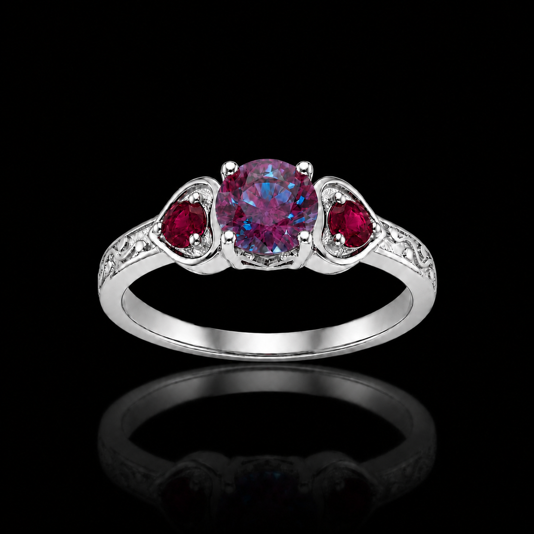 The Roselle — Alexandrite & Ruby Three-Stone Ring