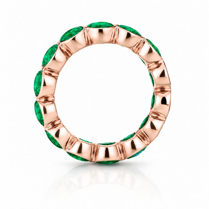 Round Colombian Emerald Bezel-Set Eternity Band in 14K rose gold, profile