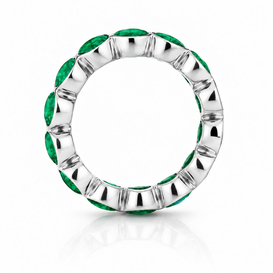 Round Colombian Emerald Bezel-Set Eternity Band in 14K white gold, profile