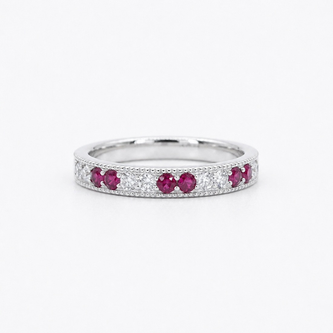 Lab ruby and diamond vintage eternity band, 2.5mm, view 8