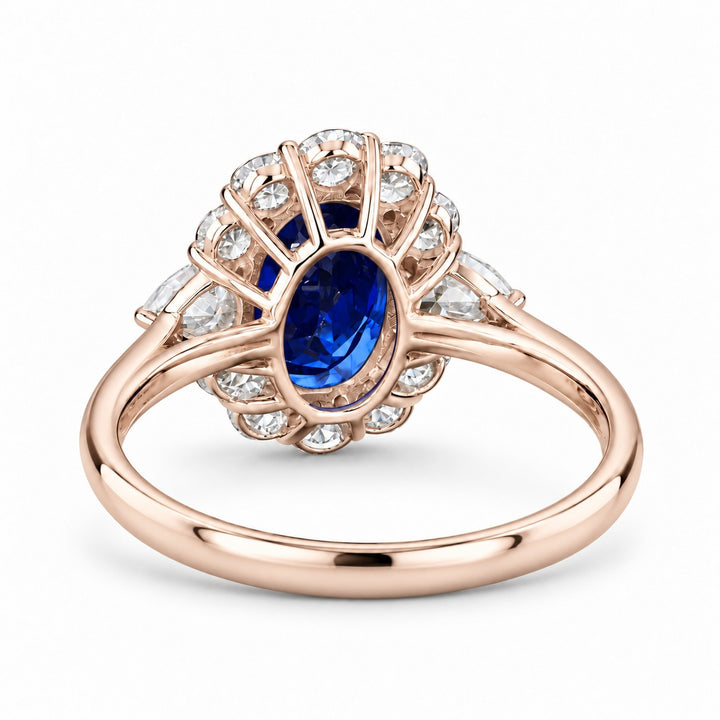 The Modified Diana — Diamond Halo Oval Blue Sapphire Ring in 14K rose gold, back view