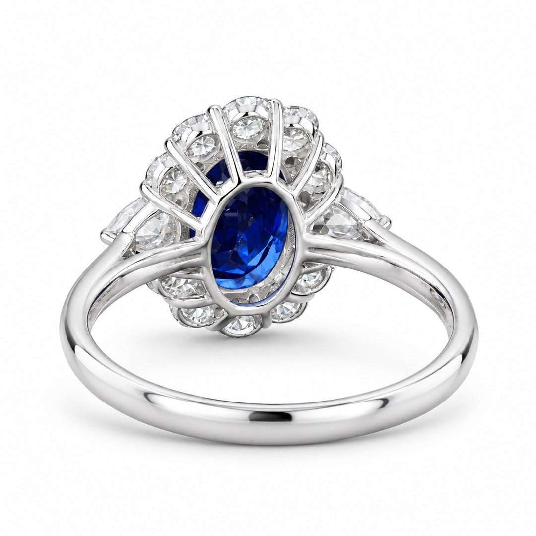 The Modified Diana — Diamond Halo Oval Blue Sapphire Ring in 14K white gold, back view