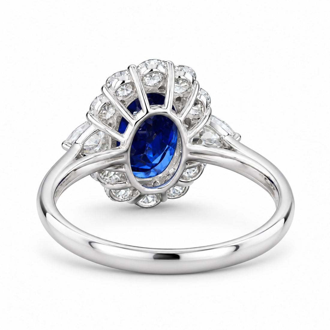 The Modified Diana — Diamond Halo Oval Blue Sapphire Ring in 14K white gold, back view
