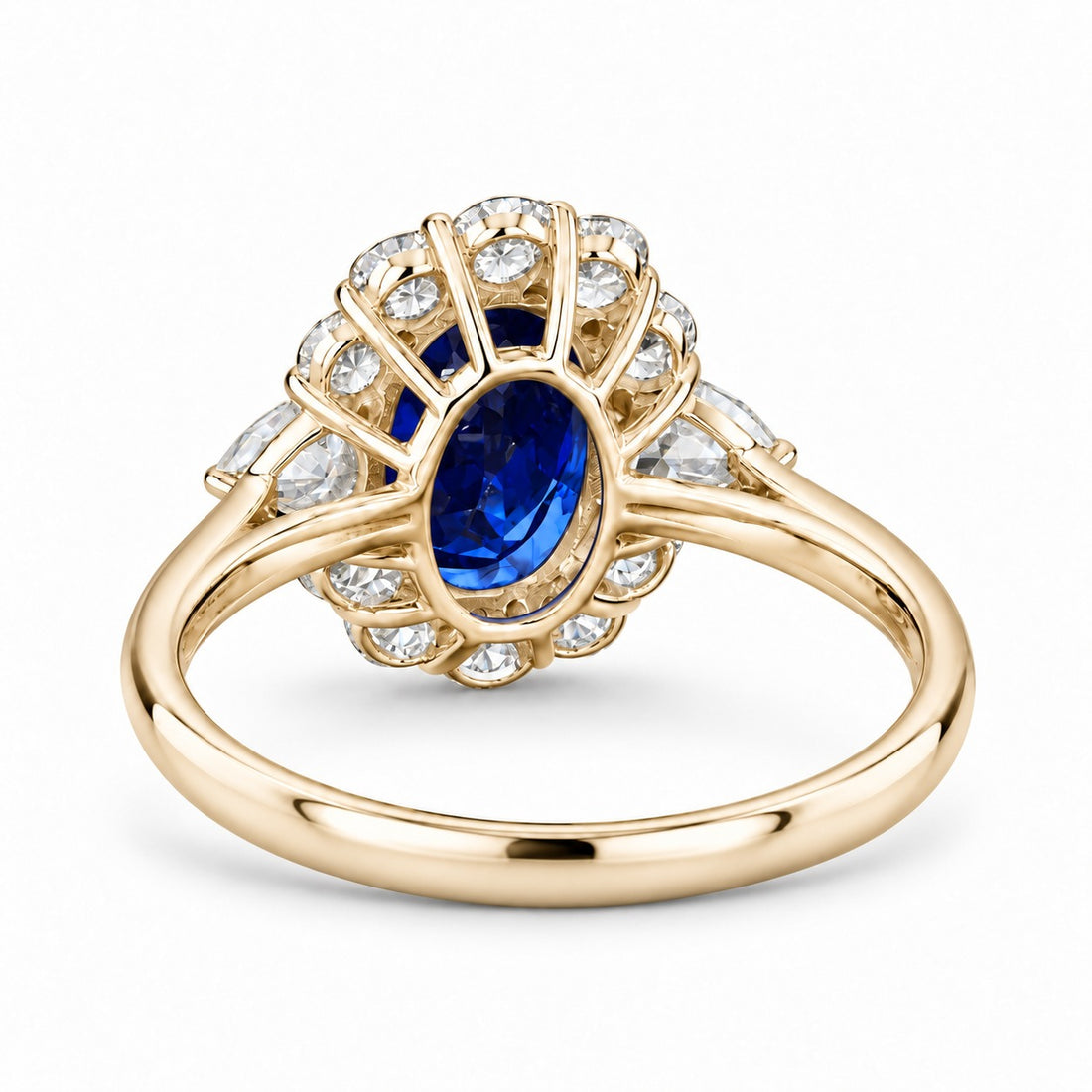 The Modified Diana — Diamond Halo Oval Blue Sapphire Ring in 14K yellow gold, back view