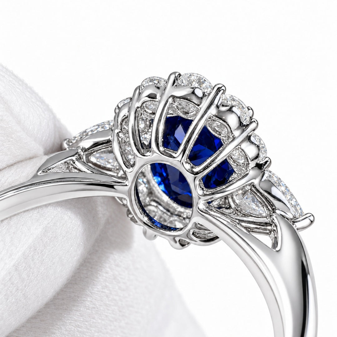 The Modified Diana — Diamond Halo Oval Blue Sapphire Ring in platinum, gallery detail