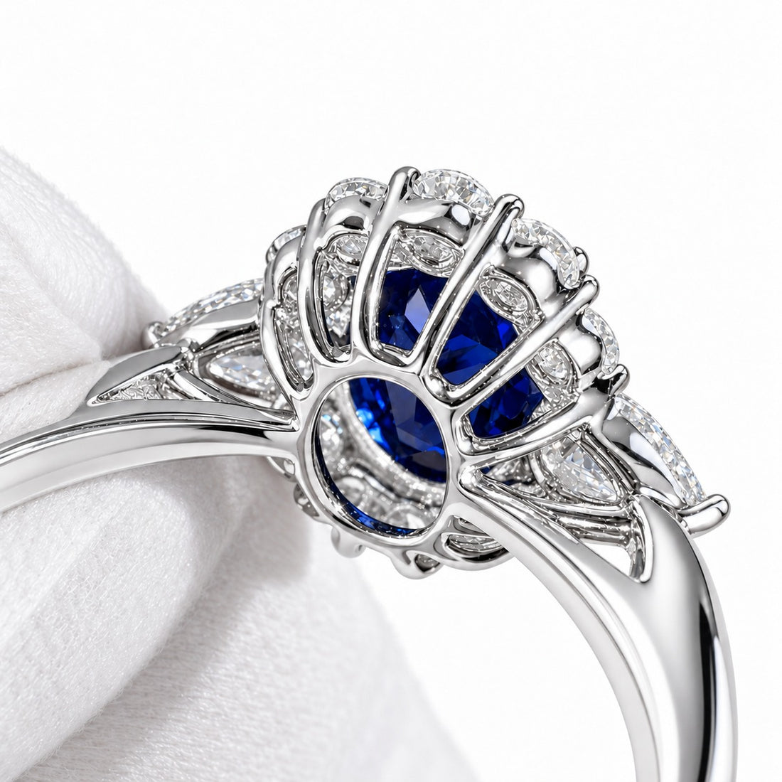 The Modified Diana — Diamond Halo Oval Blue Sapphire Ring in platinum, gallery detail