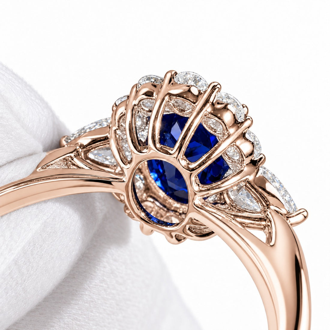 The Modified Diana — Diamond Halo Oval Blue Sapphire Ring in 14K rose gold, gallery detail