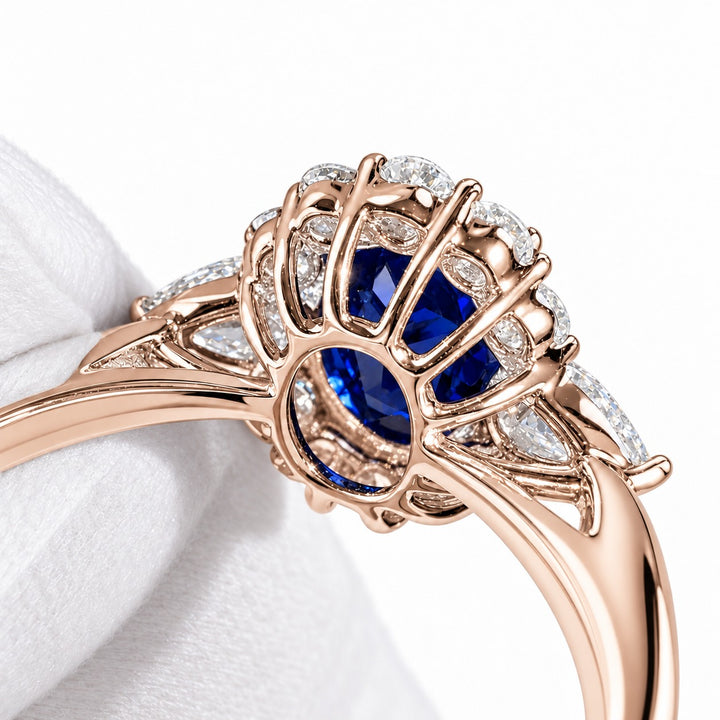 The Modified Diana — Diamond Halo Oval Blue Sapphire Ring in 14K rose gold, gallery detail