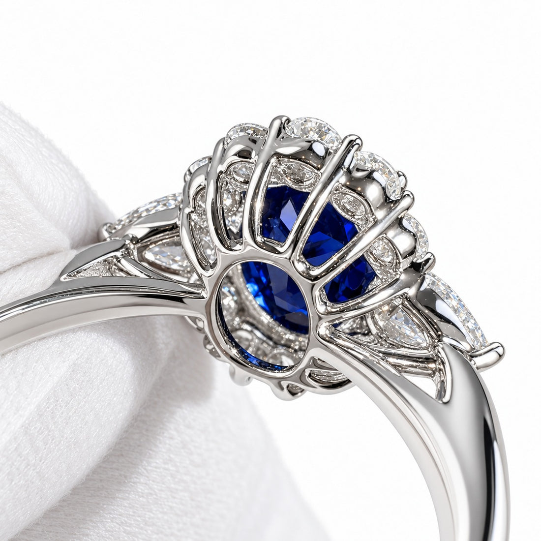 The Modified Diana — Diamond Halo Oval Blue Sapphire Ring in 14K white gold, gallery detail
