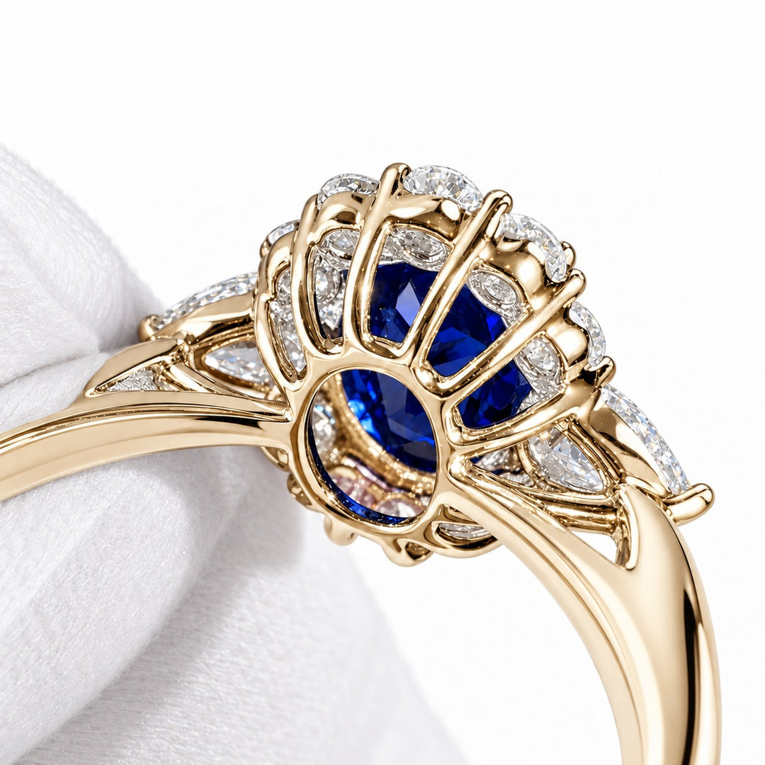 The Modified Diana — Diamond Halo Oval Blue Sapphire Ring in 14K yellow gold, gallery detail