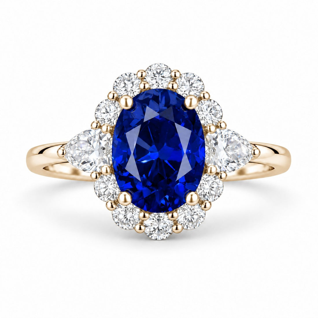 The Modified Diana — Diamond Halo Oval Blue Sapphire Ring in 14K yellow gold, front view