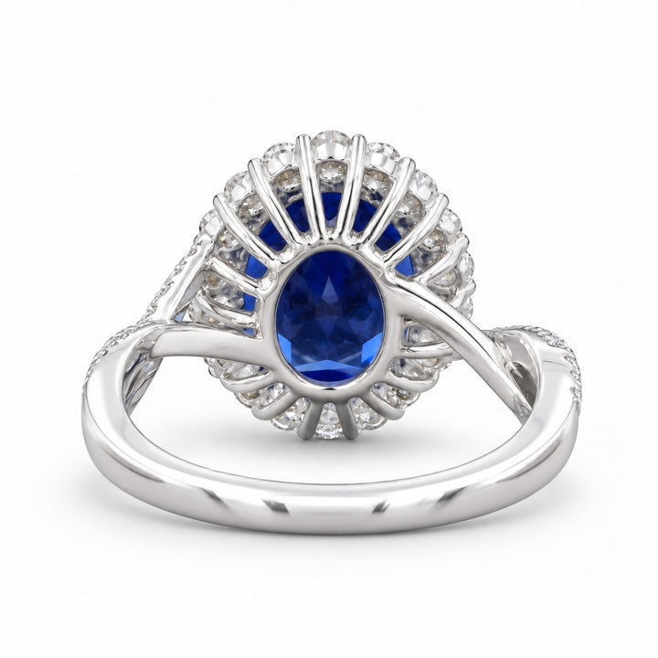 The Twisted Diana — Diamond Halo/Twist Band Oval Blue Sapphire Ring in 14K white gold, back view
