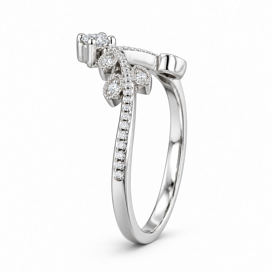The Celestine — Blue Sapphire Halo Ring with Stacking Band in 14K white gold, band profile view