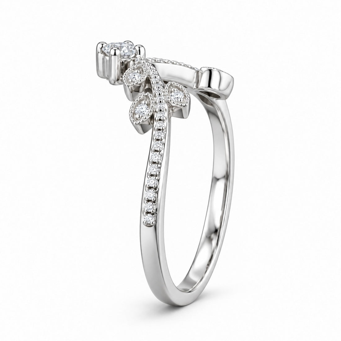 The Celestine — Blue Sapphire Halo Ring with Stacking Band in 14K white gold, band profile view