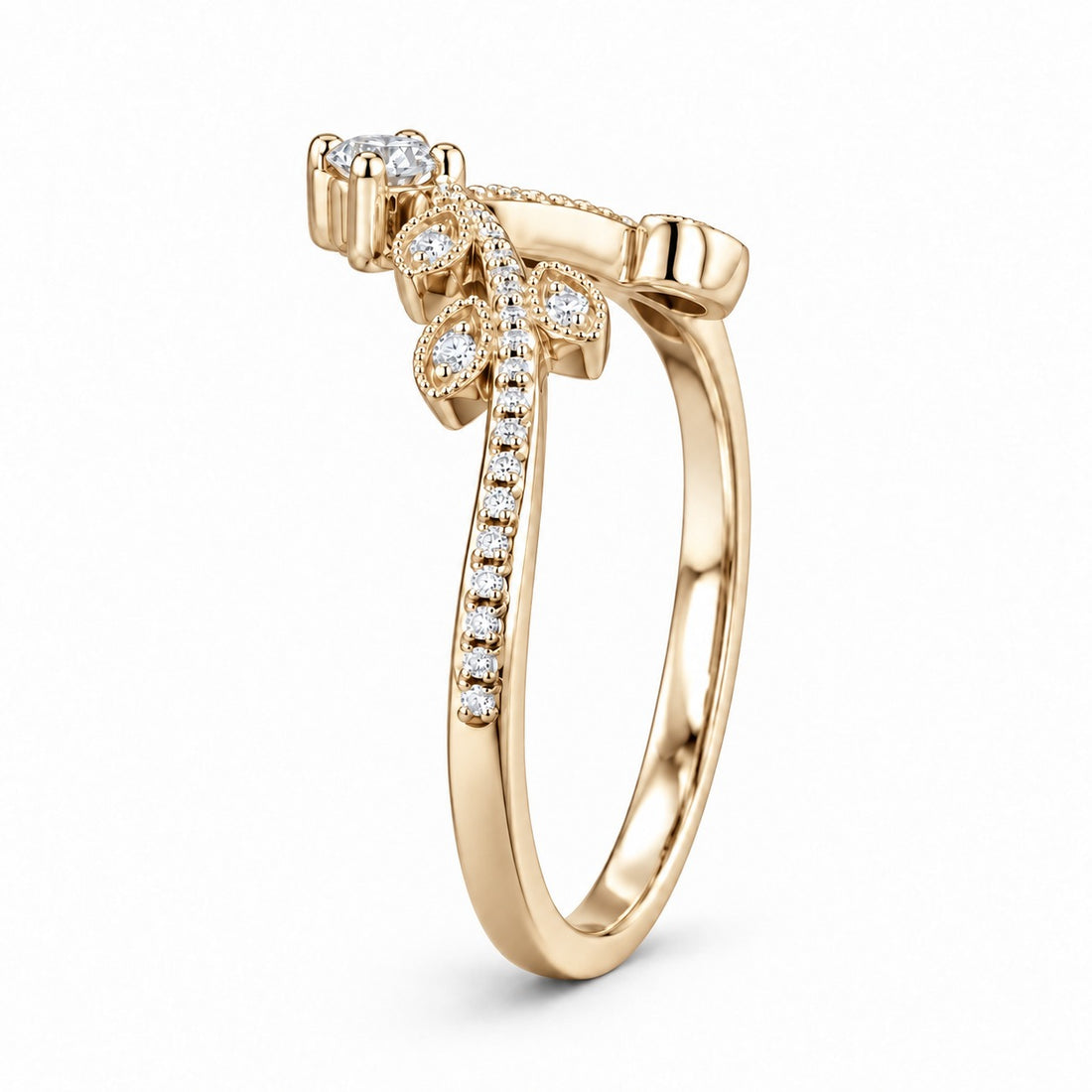 The Celestine — Blue Sapphire Halo Ring with Stacking Band in 14K yellow gold, band profile view