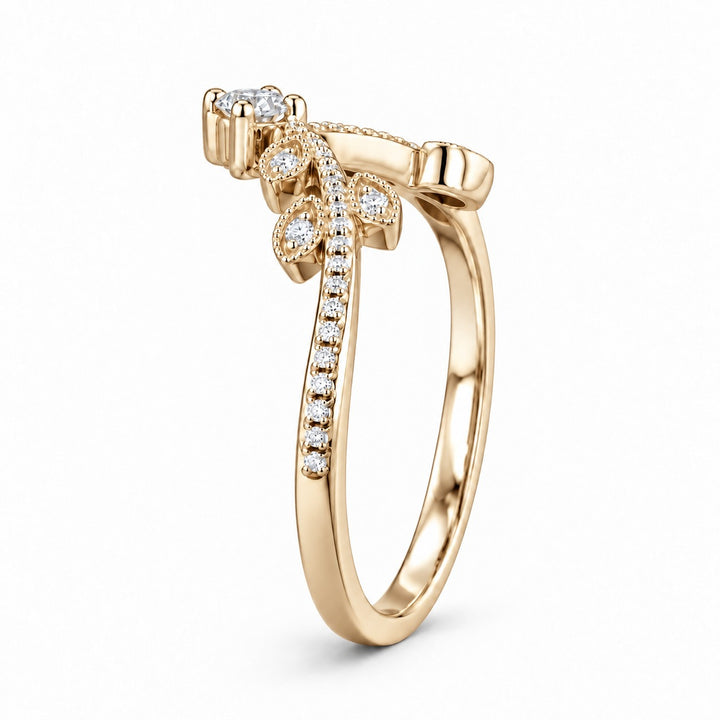 The Celestine — Blue Sapphire Halo Ring with Stacking Band in 14K yellow gold, band profile view