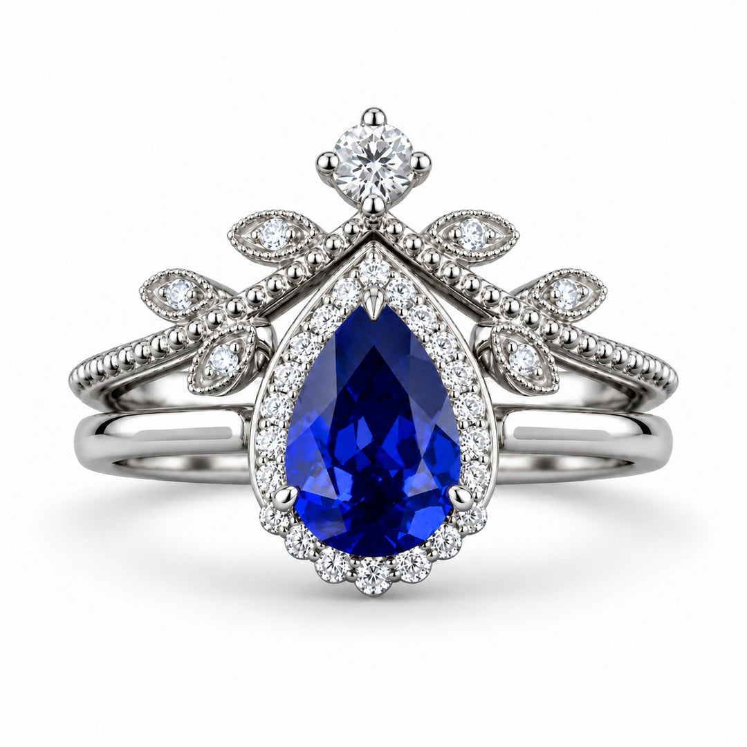The Celestine — Blue Sapphire Halo Ring with Stacking Band in platinum, front view