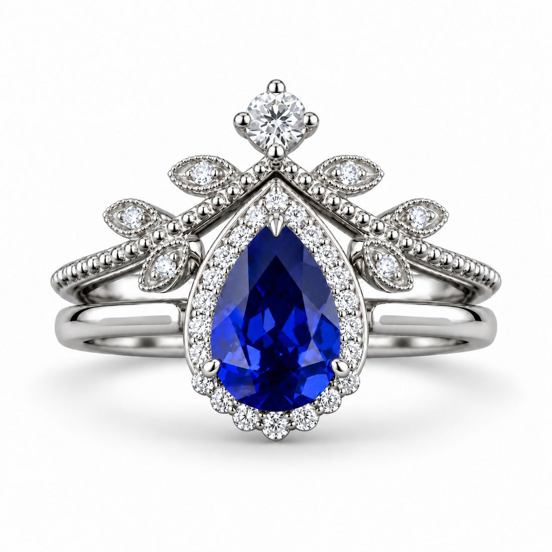 The Celestine — Blue Sapphire Halo Ring with Stacking Band in platinum, front view
