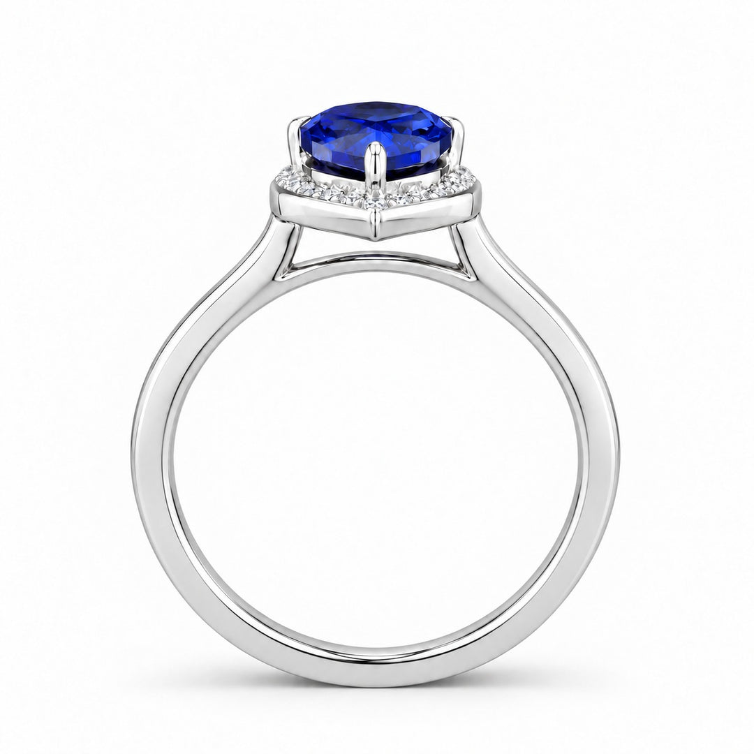 The Celestine — Blue Sapphire Halo Ring with Stacking Band in platinum, profile view
