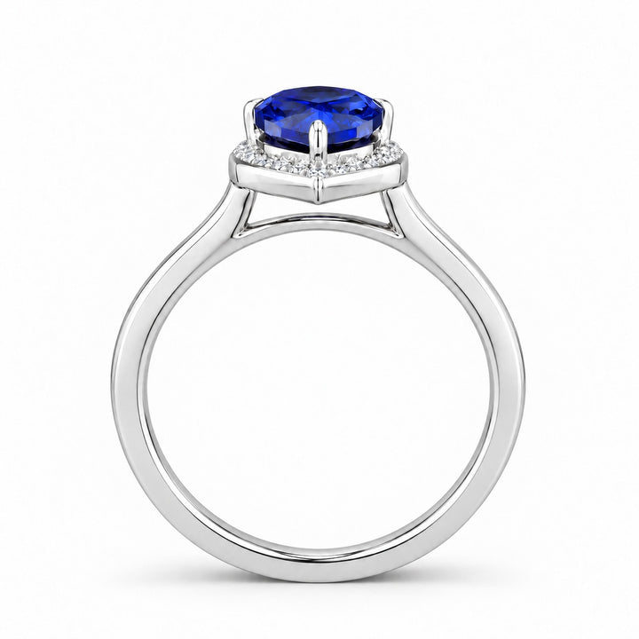 The Celestine — Blue Sapphire Halo Ring with Stacking Band in platinum, profile view