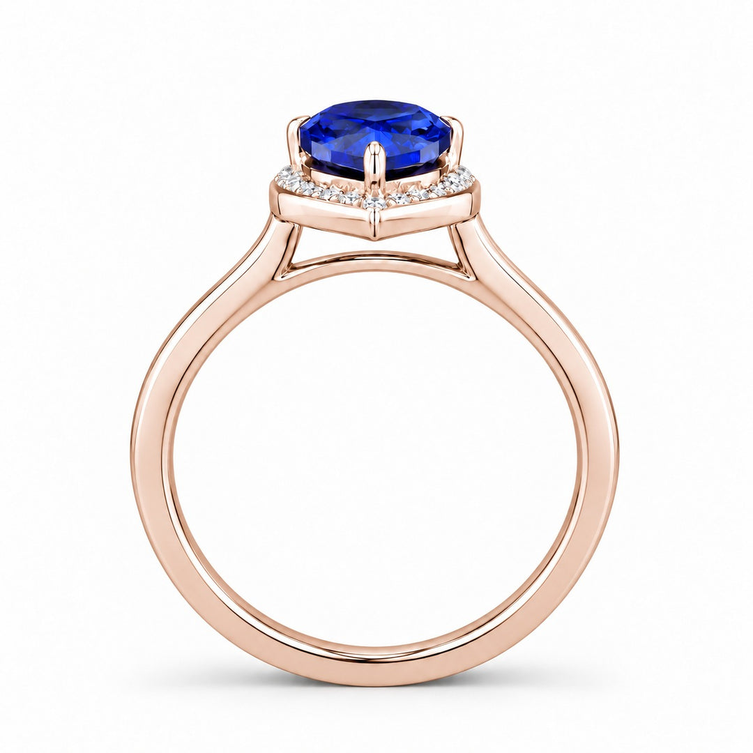 The Celestine — Blue Sapphire Halo Ring with Stacking Band in 14K rose gold, profile view