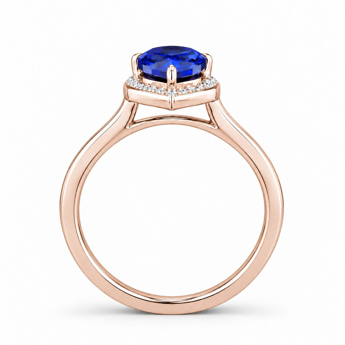 The Celestine — Blue Sapphire Halo Ring with Stacking Band in 14K rose gold, profile view