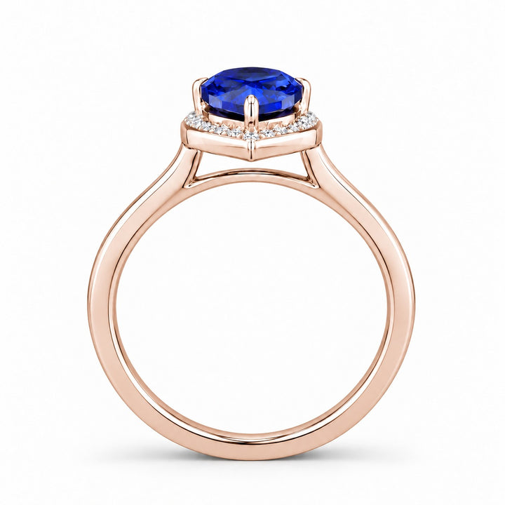 The Celestine — Blue Sapphire Halo Ring with Stacking Band in 14K rose gold, profile view
