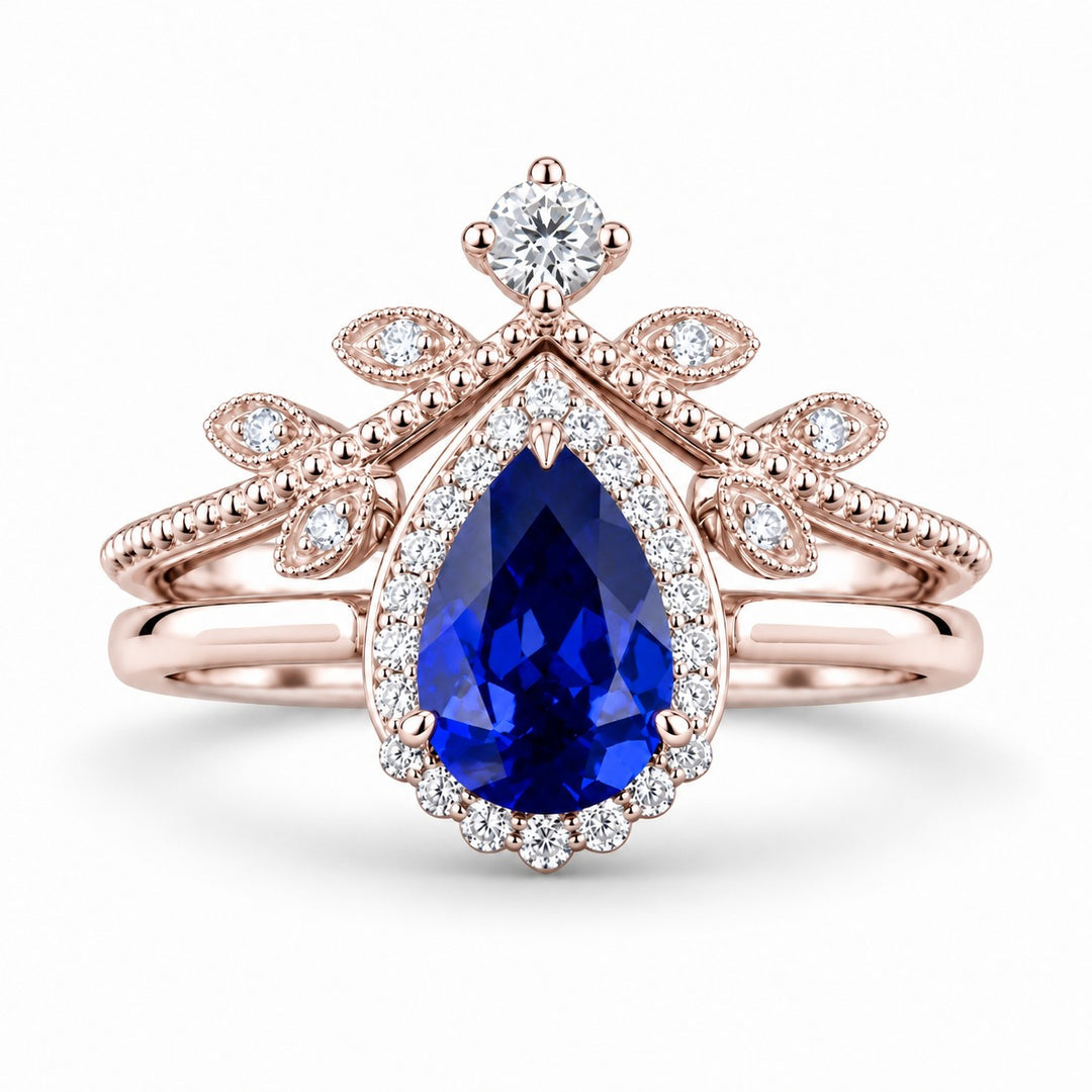 The Celestine — Blue Sapphire Halo Ring with Stacking Band in 14K rose gold, front view