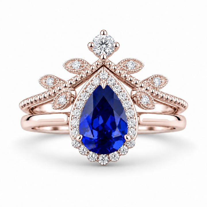 The Celestine — Blue Sapphire Halo Ring with Stacking Band in 14K rose gold, front view