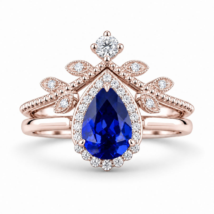 The Celestine — Blue Sapphire Halo Ring with Stacking Band