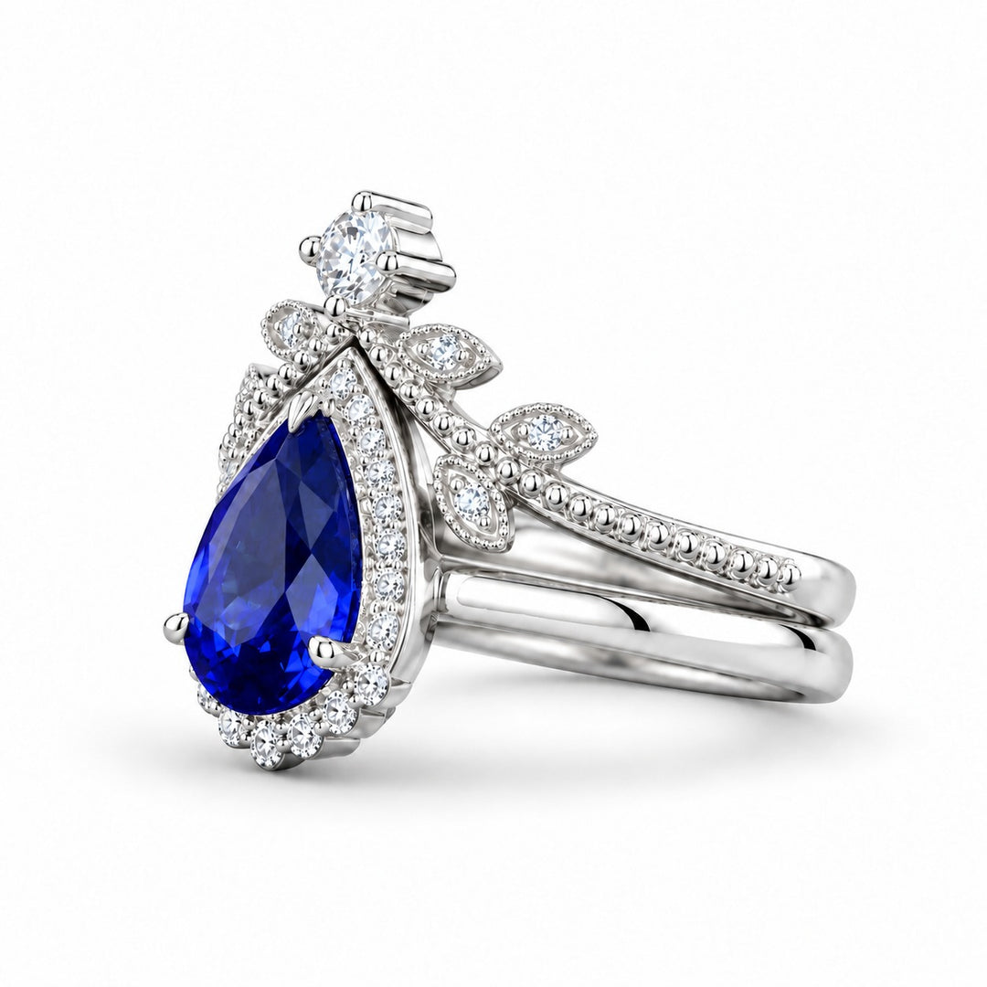 The Celestine — Blue Sapphire Halo Ring with Stacking Band in platinum, side view