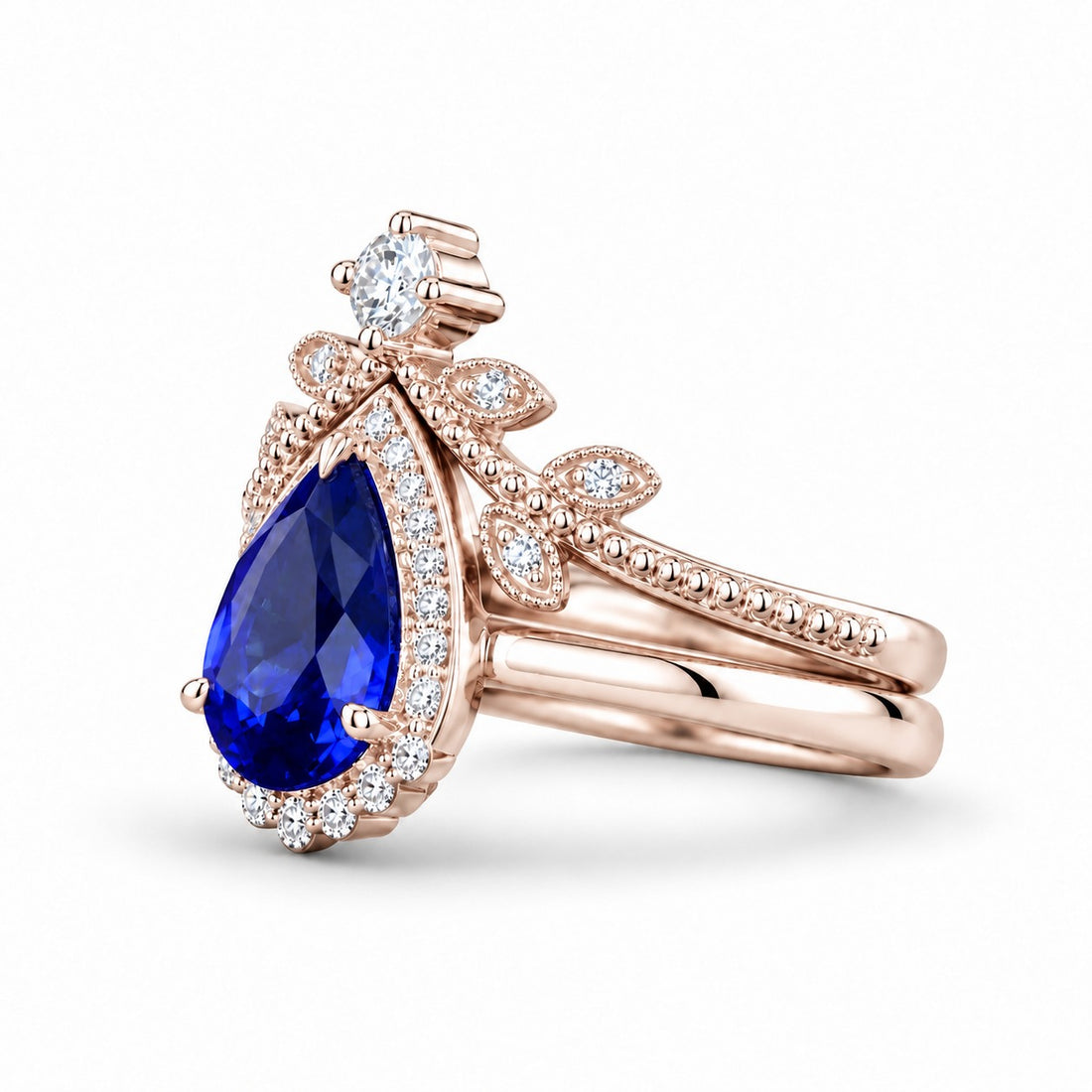 The Celestine — Blue Sapphire Halo Ring with Stacking Band in 14K rose gold, side view