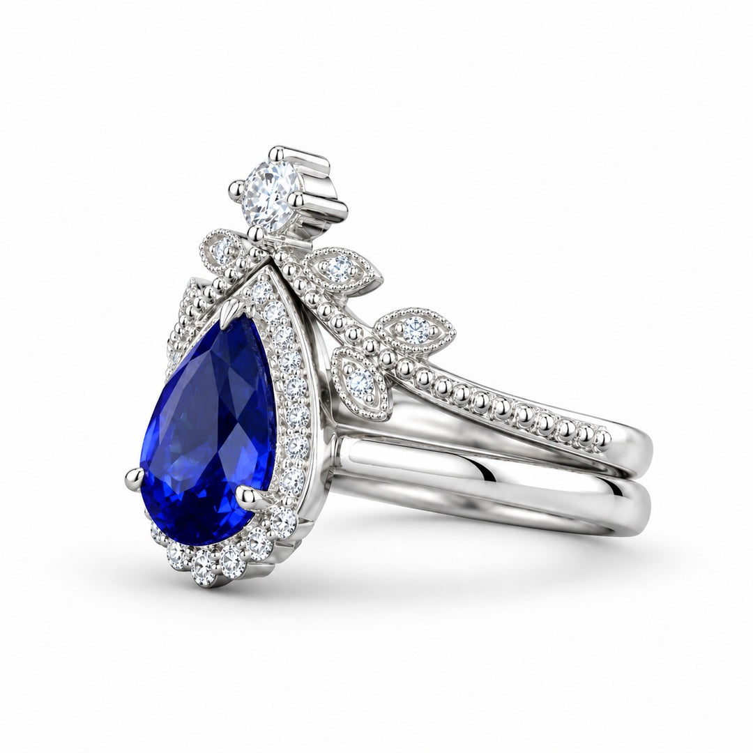 The Celestine — Blue Sapphire Halo Ring with Stacking Band in 14K white gold, side view