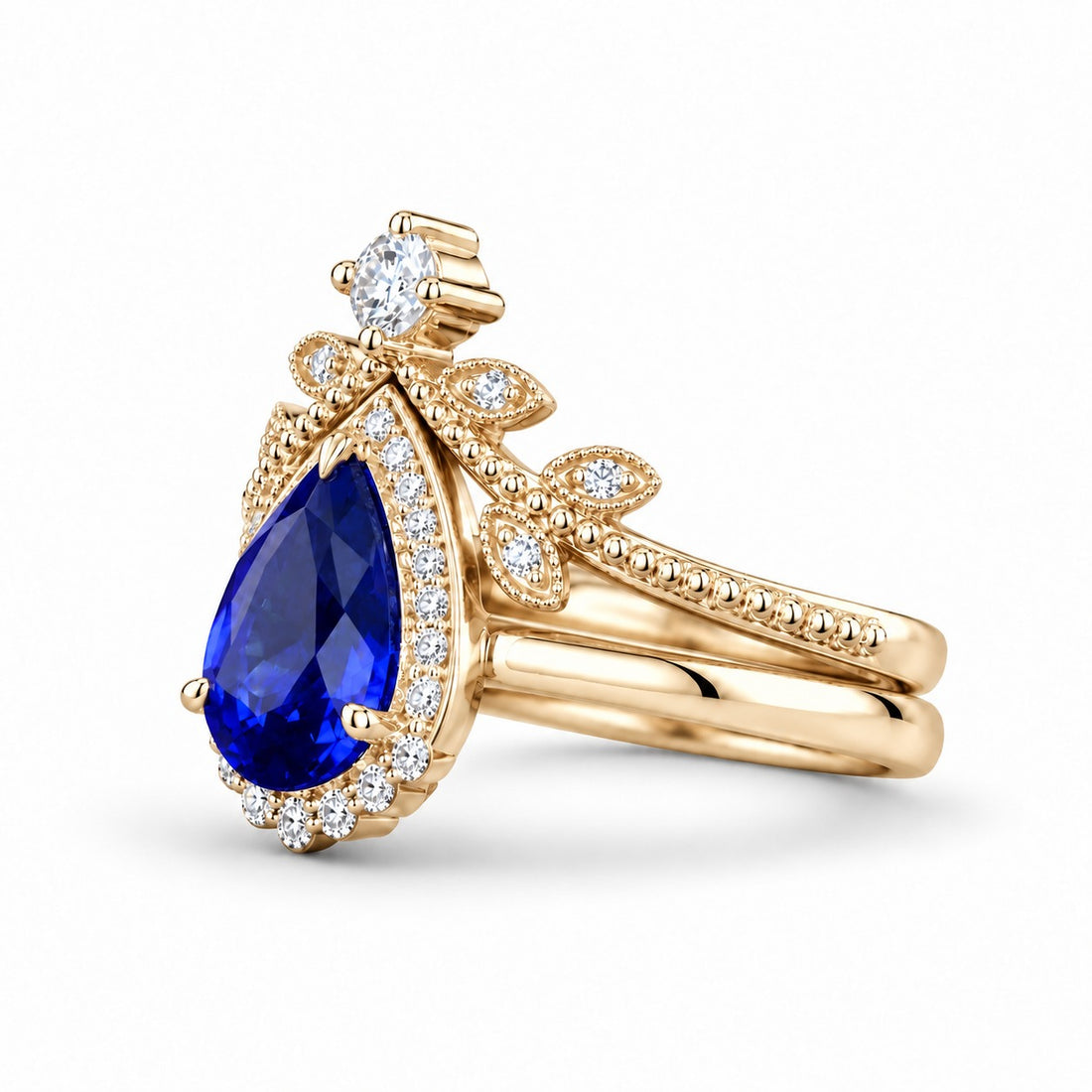 The Celestine — Blue Sapphire Halo Ring with Stacking Band in 14K yellow gold, side view