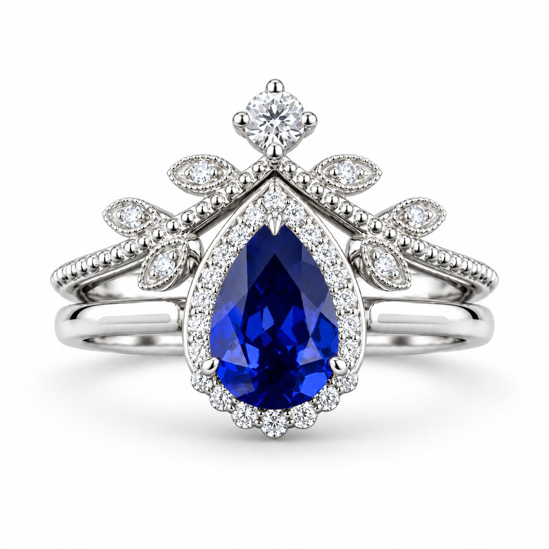 The Celestine — Blue Sapphire Halo Ring with Stacking Band in 14K white gold, front view