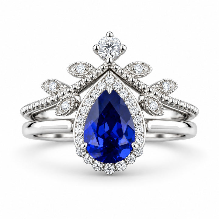 The Celestine — Blue Sapphire Halo Ring with Stacking Band in 14K white gold, front view