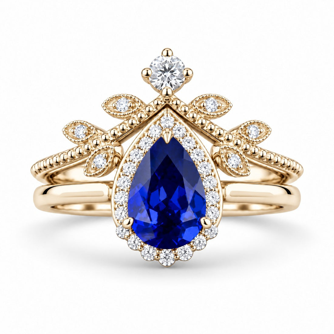 The Celestine — Blue Sapphire Halo Ring with Stacking Band in 14K yellow gold, front view