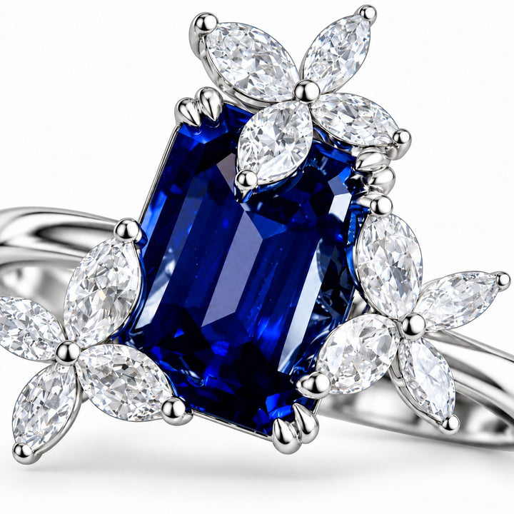 The Jardin — Emerald-Cut Sapphire Floral Ring in platinum, close-up