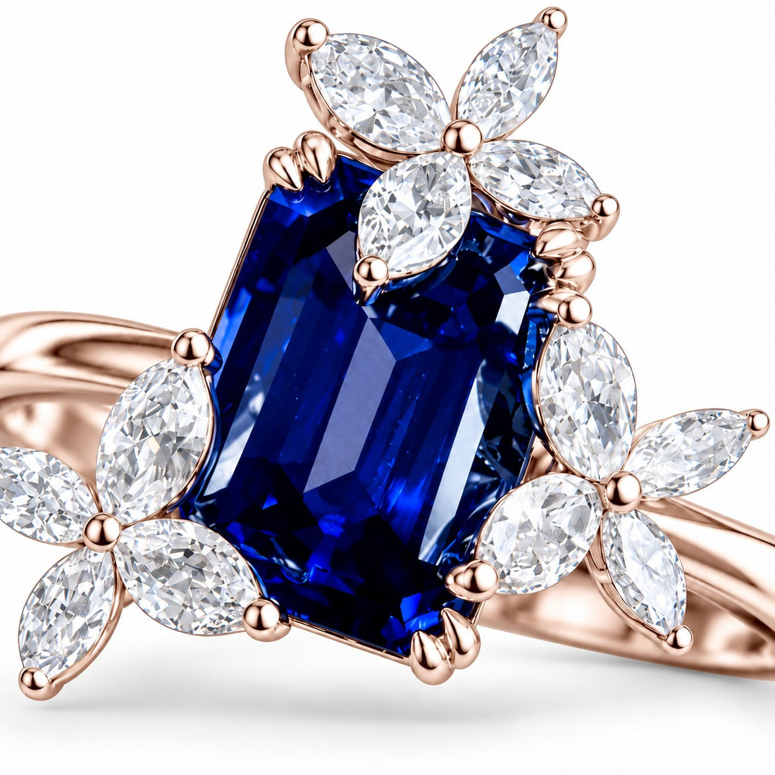 The Jardin — Emerald-Cut Sapphire Floral Ring in 14K rose gold, close-up