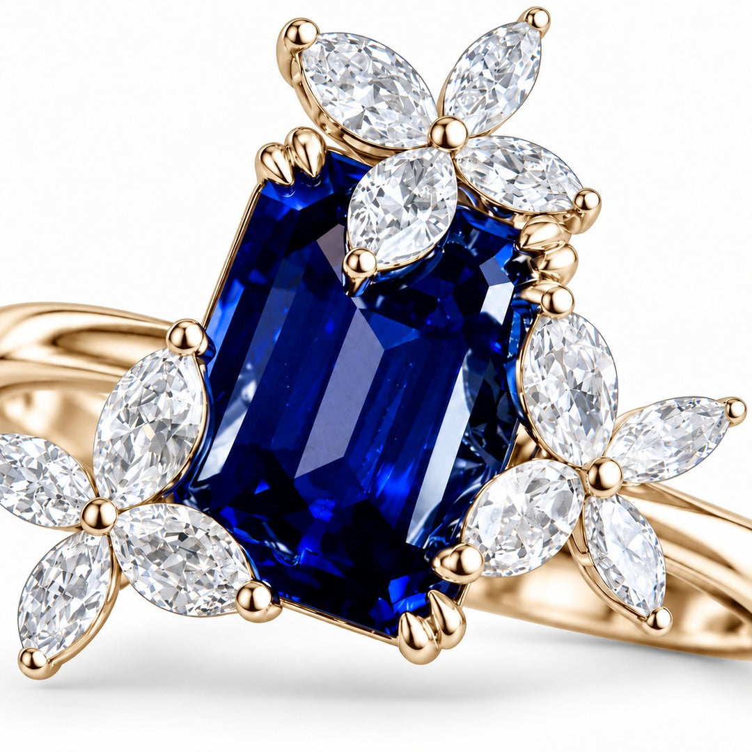 The Jardin — Emerald-Cut Sapphire Floral Ring in 14K yellow gold, close-up