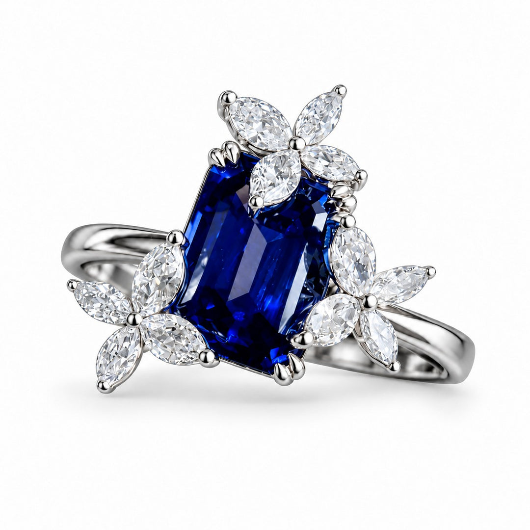 The Jardin — Emerald-Cut Sapphire Floral Ring in platinum, front view